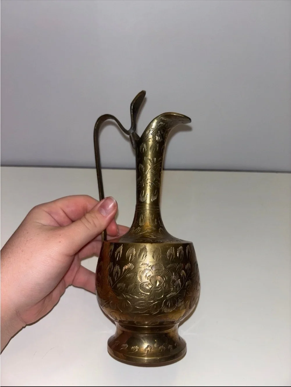 vintage etched brass pitcher